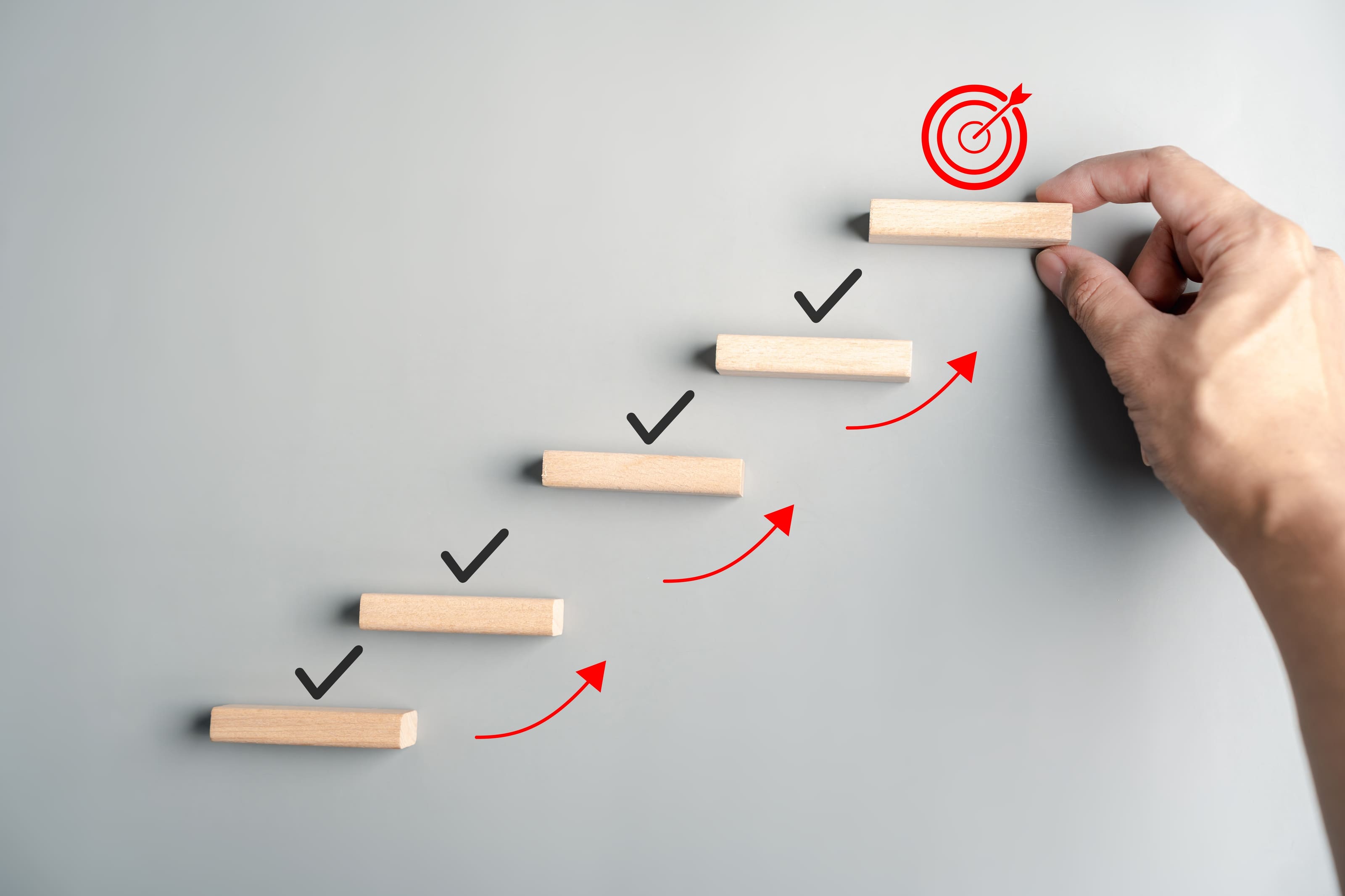 Onboarding progress and training dashboard preview. Stairs leading to a bullseye.