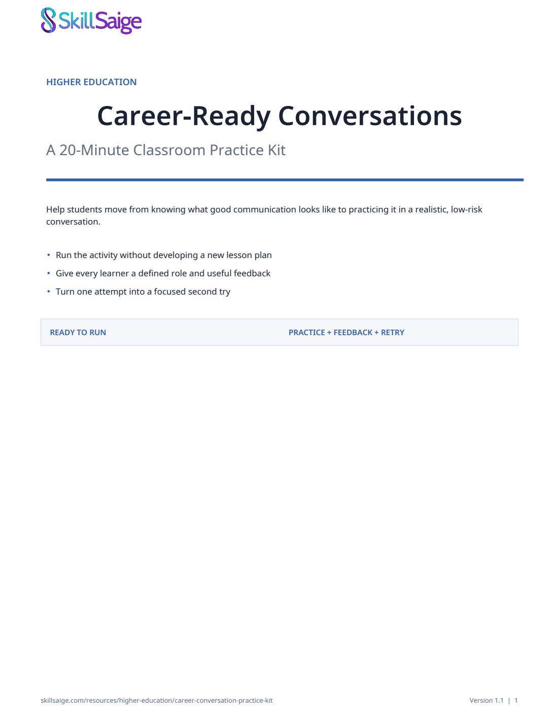 Cover of the SkillSaige Career-Ready Conversations classroom practice kit